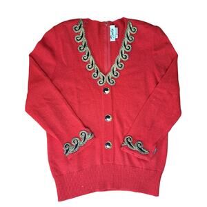 VTG Toula Knit Cardigan Sweater Red Gold Velvet Bullion Trim Sz 10 Back Zip EUC
